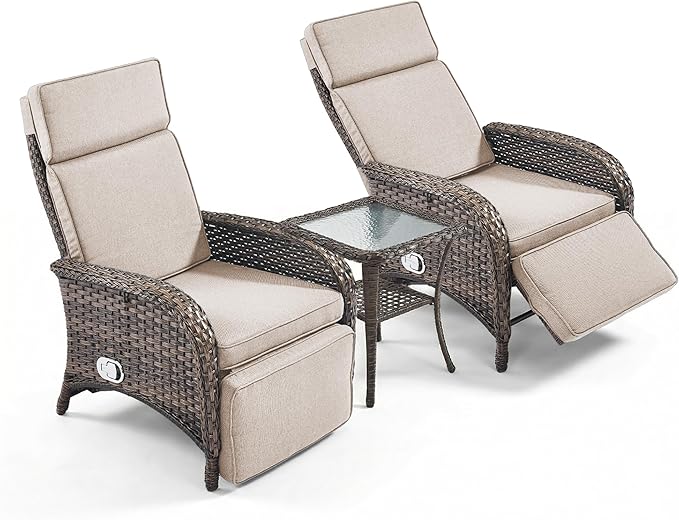 3 Pieces Zero Gravity Wicker Patio Recliner Chairs Set of 2 - Wicker Outdoor Lounge Chair with Side Table, Adjustable Backrest & Footrest, High Back Outdoor Recliner Chair for Pool Deck Beige - Image 7