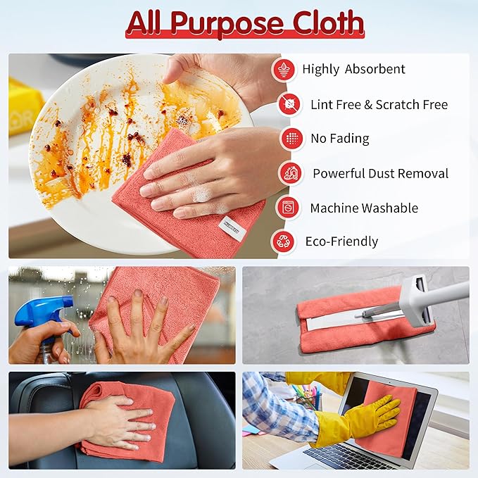 FIXSMITH Red Microfiber Cleaning Cloth -Pack of 8, Highly Absorbent Cleaning - Image 6