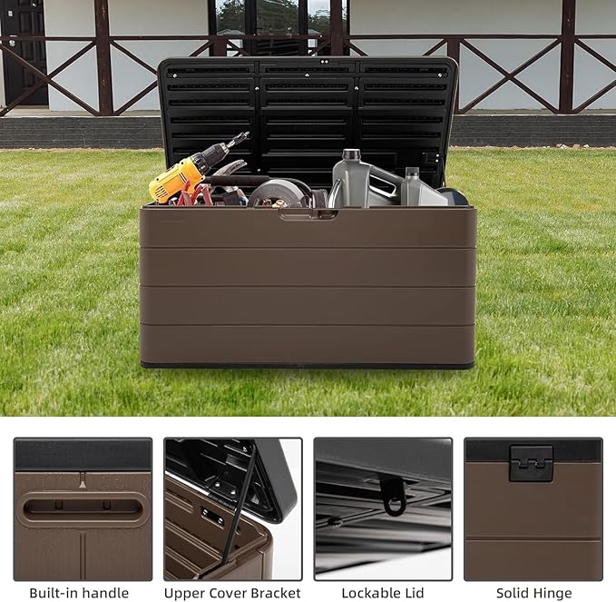 TARKARI Premium Pro Edition 100 Gallon Lockable Resin Deck Box, Waterproof & UV-Resistant Outdoor Storage Box for Outdoor Cushion Storage, Garden Tools & Pool Accessories Storage, Brown - Image 4