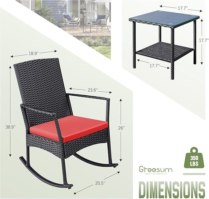 Greesum 3 Pieces Patio Furniture Set Outdoor Wicker Rocking Chairs with Glass Coffee Table for Garden Backyard Porch Poolside, Red - Image 6