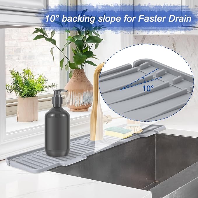 20 inch Kitchen Sink Splash Guard, 10° Large Slope & Adaptable Hole Faucet Mat - Image 3