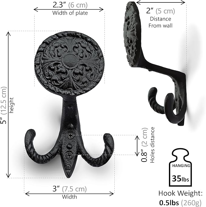Ambipolar 3-Pack Fleur de lis Plate Style Coat Hooks, Vintage Black Hooks - Image 3