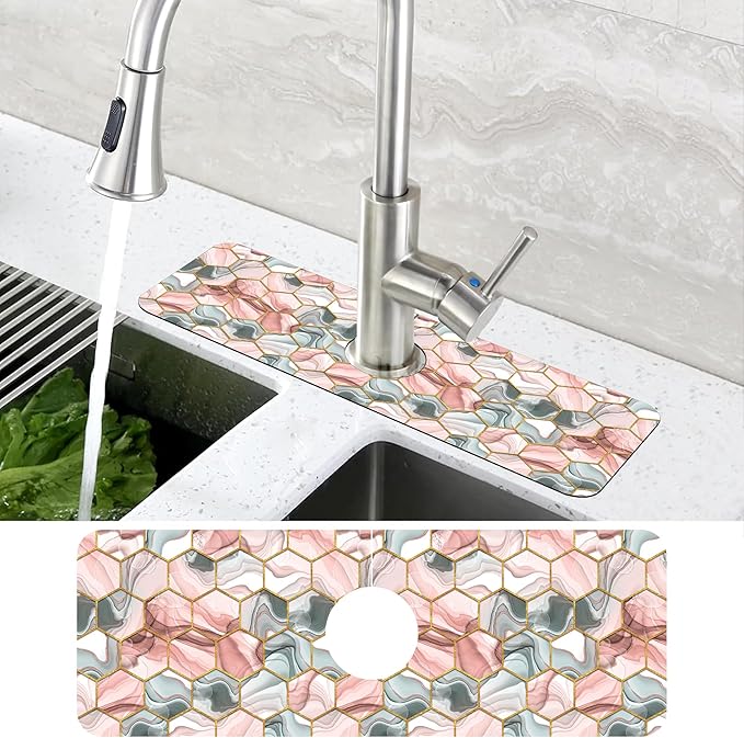 Abstract Gray and Red Hexagon Sink Faucet Absorbing Mat Sink Splash Guard - Image 4