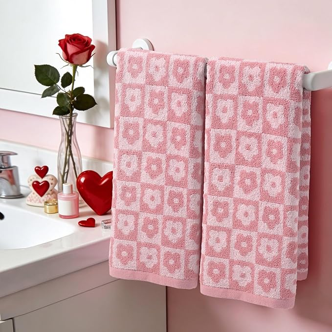 Jacquotha Cotton Hand Towels Pink Checkered Floral - Image 2