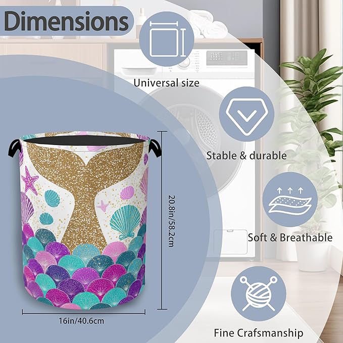Fish Scales Laundry Basket, Mermaids Seashell Foldable Oxford Cloth Tote Bag - Image 2