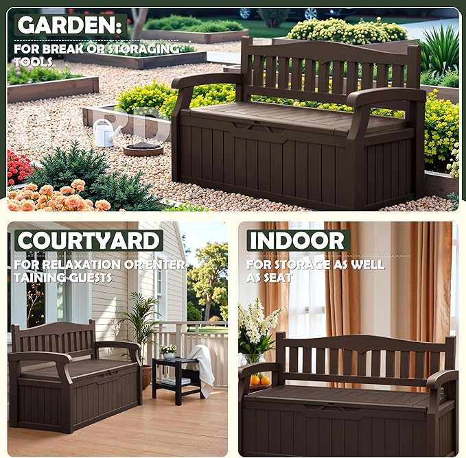 Flamaker 80 Gallon Storage Bench Outdoor Indoor, Durable All-Weather Seating with Hidden Storage, Lockable Deck Box for Garden, Patio, Poolside (Brown) - Image 4