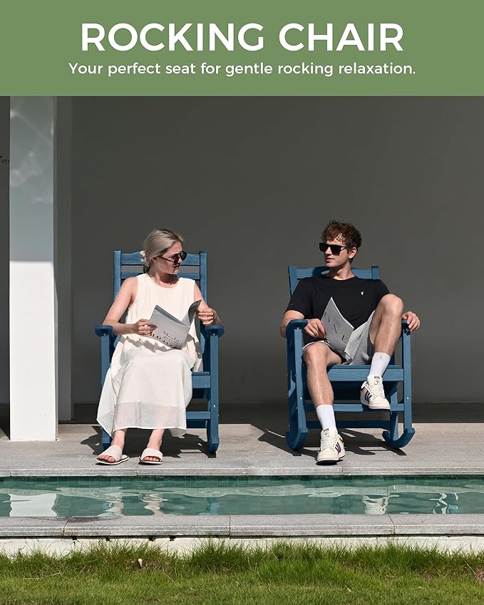 Oversized Rocking Chair Outdoor, High Back Porch Rocker Chair, HDPE All Weather Resistant Rocking Chairs for Patio, 380lbs Weight Capacity, Navy Blue - Image 7