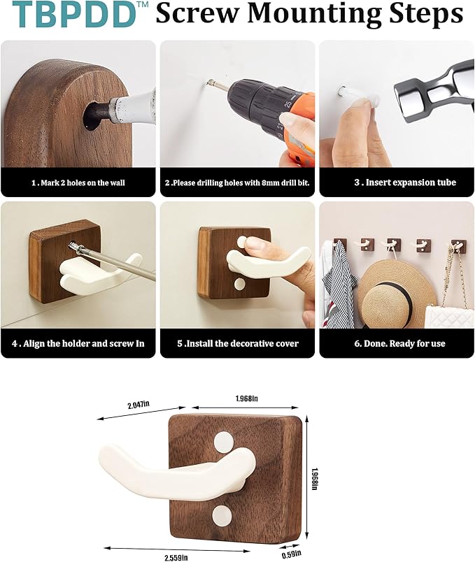 3 Pack White Wall Coat Hook Rack, Modern Coat Hooks Black Walnut Wood Black - Image 7