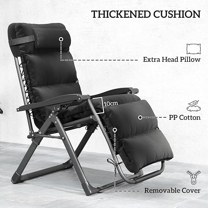 Outsunny Zero Gravity Chairs Set of 2, Reclining Folding Zero Gravity Lounge Chair, Outdoor Lounge Chairs with Removable Cushion, Headrest, and Cup Phone Holder Tray for Patio, Beach, Black - Image 6