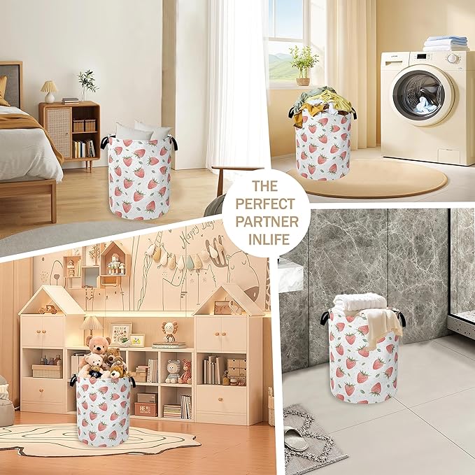 Watercolor Pink Strawberry Laundry Hamper, Waterproof Oxford Cloth Laundry Room - Image 6