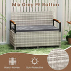 RELAX4LIFE Wicker Outdoor Storage Bench, Rattan Deck Box w/Protective Liner for Patio Furniture Pillows & Garden Tools, Porch Loveseat with Seat Cushion, Acacia Wood Armrests (Grey) - Image 4