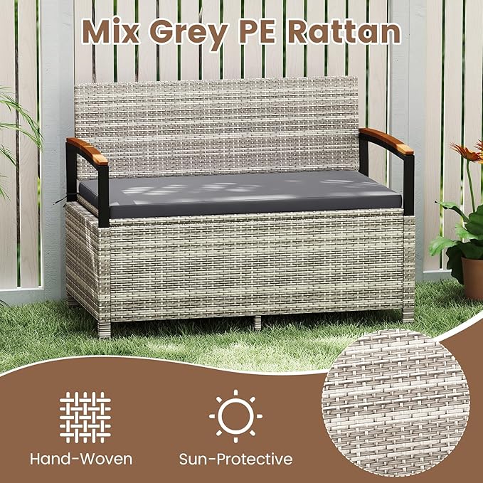 Tangkula 46 Gallon Outdoor Bench with Storage, Outdoor PE Rattan Storage Bench with Cushion, Backrest & Acacia Wood Armrests, Metal Frame, Waterproof Deck Box Seat for Porch Backyard Poolside - Image 4