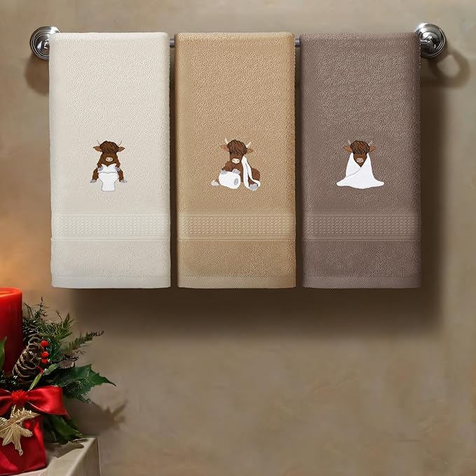 3 Pcs Highland Cow Hand Towels Embroidered Cow Farmhouse Decorative Bath Towels - Image 4