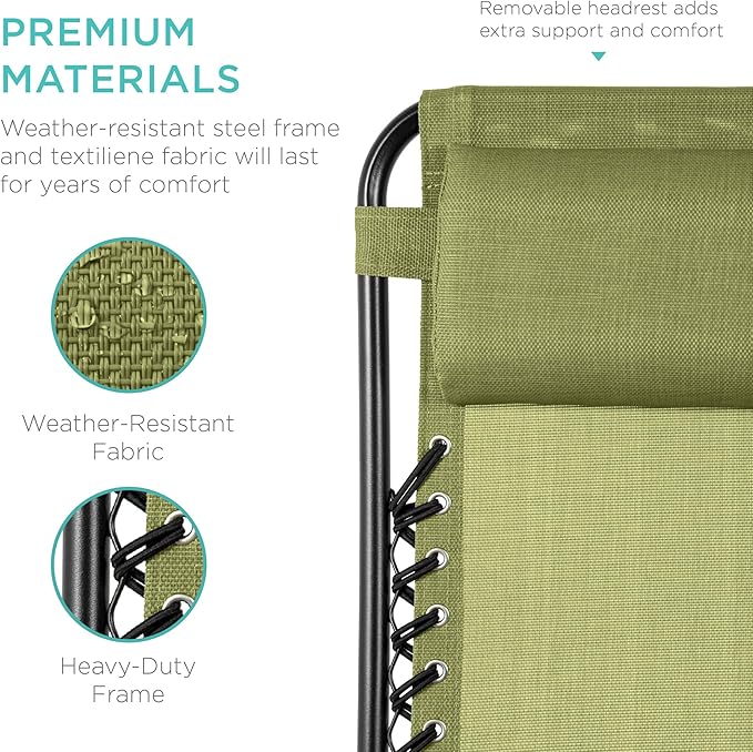 Best Choice Products Set of 2 Adjustable Steel Mesh Zero Gravity Lounge Chair Recliners w/Pillows and Cup Holder Trays - Dusty Green/Black - Image 6