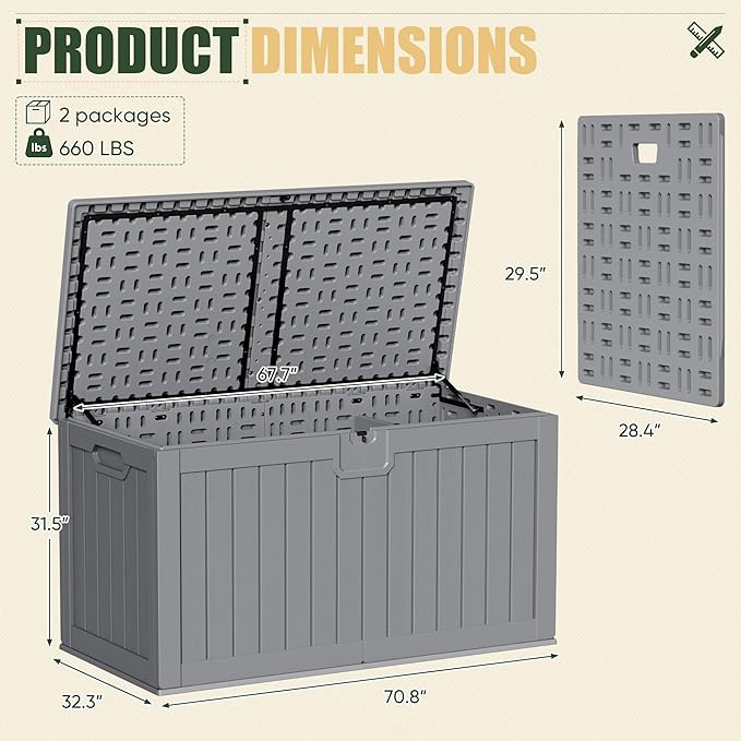 JUMMICO 270 Gallon Outdoor Storage Deck Box with Divider, Double Wall Storage Box with Lockable Lid for Garden Tools, Pools Supplies (Gray) - Image 3