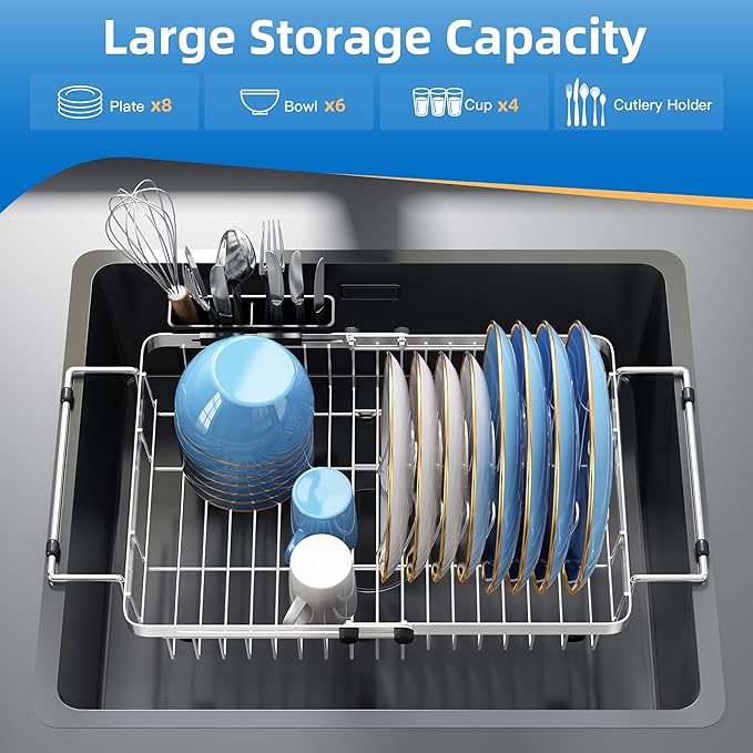 romision Expandable Dish Drying Rack Over The Sink Small Metal Stainless Steel - Image 7