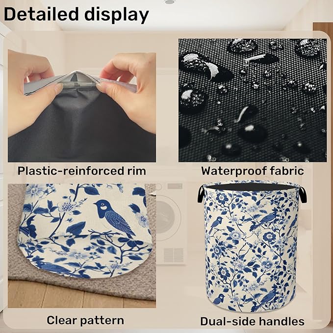 Navy Blue Beige Birds Laundry Basket - Image 5