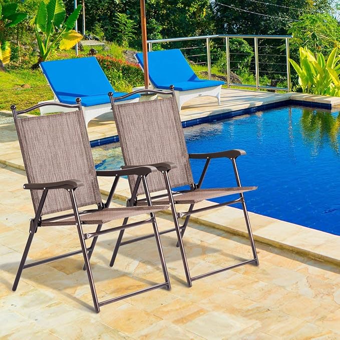 Giantex Set of 2 Patio Folding Chairs, Outdoor Patio Dining Chairs w/Armrest, Sling Back, Metal Frame, Outside Use for Lawn Camping Garden Pool Beach Yard Lounge, No Assembly, Brown - Image 2