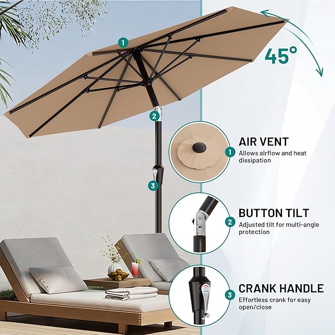 AreShark 9 FT Patio Umbrella for Outdoor, Outdoor Umbrella with Push Button Tilt and Crank, Outdoor Patio Umbrellas with 8 Sturdy Ribs for Market, Garden, Deck, Backyard, Pool (Beige) - Image 5