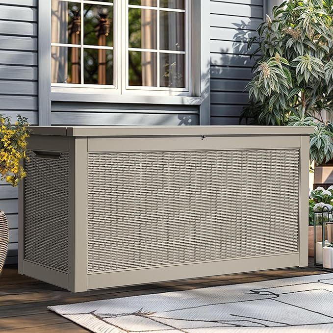YITAHOME XXL 260 Gal Large Deck Box, Outdoor Resin Storage Box, Rattan Storage Container for Patio Furniture, Garden Tools, Waterproof, Lockable (Brown) by YITAHOME