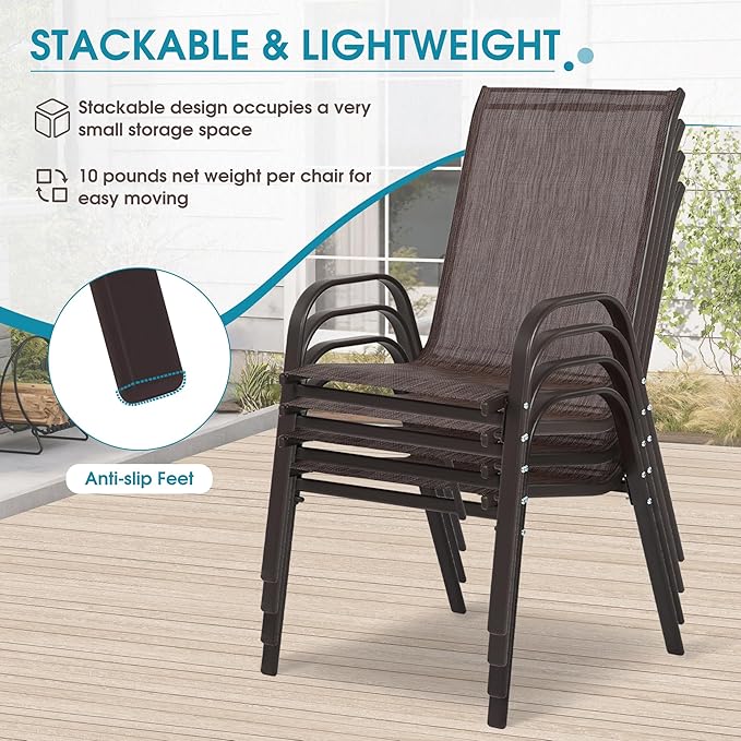 Outdoor Stackable Chairs Set of 4, Stacking Patio Chairs with Textilene Fabric, Outside Furniture for Garden Backyard Balconie Poolside Deck, Brown - Image 5