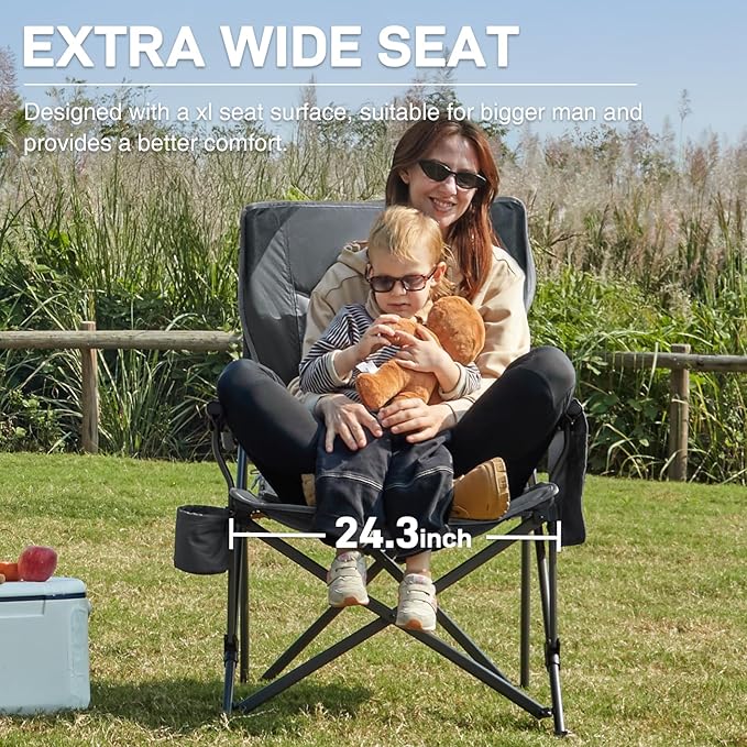EVER ADVANCED Oversized Folding Camping Chair for Adults, Heavy Duty Lawn Chair with Side Pockets, Portable Collapsible Quad Chair for Outside, Support Up to 500lbs, Grey 2PACK - Image 4
