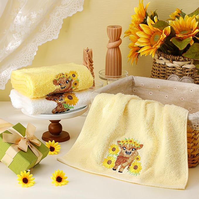 3 Pcs Sunflower Highland Cow Hand Towels Embroidered Highland Cow Farmhouse - Image 4