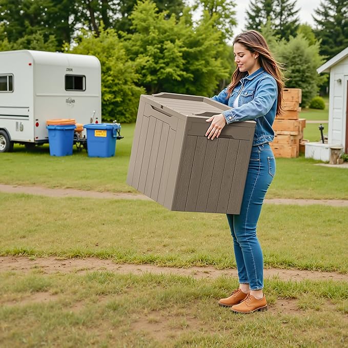 Devoko 30 Gallon Resin Deck Box 2 Pack Outdoor Indoor Waterproof Storage Box for Patio Furniture Pool Accessories Storage for Cushion Garden Tools (Light Brown, 2 Pack) - Image 6