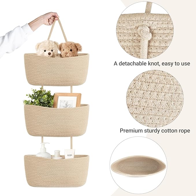 Dahey Over The Door Hanging Basket 3-Tier Woven Boho Wall Mounted Storage - Image 5