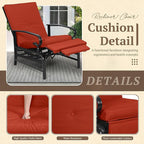Oakcloud Adjustable Outdoor Lounge Chair Metal Patio Relaxing Recliner Chair Set with Bistro Table and Removable Cushions(Red) - Image 4