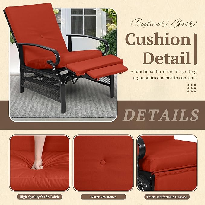 Oakcloud Adjustable Outdoor Lounge Chair Metal Patio Relaxing Recliner Chair Set with Bistro Table and Removable Cushions(Red) - Image 4