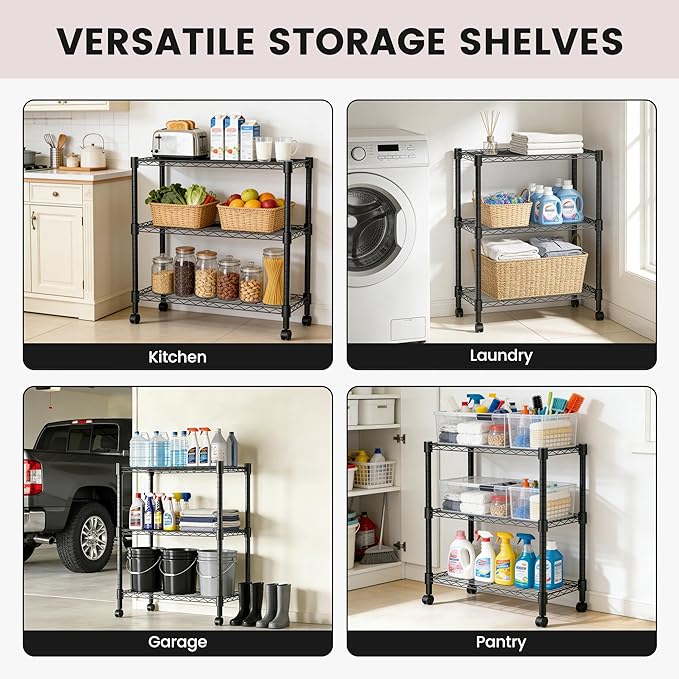 Xcity Storage Shelves, 3 Tier Heavy Duty Metal Shelving Unit with Wheels, 1050 LBS Capacity Adjustable Steel Wire Shelf Organizer for Pantry, Kitchen, Garage, 14" D x 24" W x 30" H, Black - Image 7