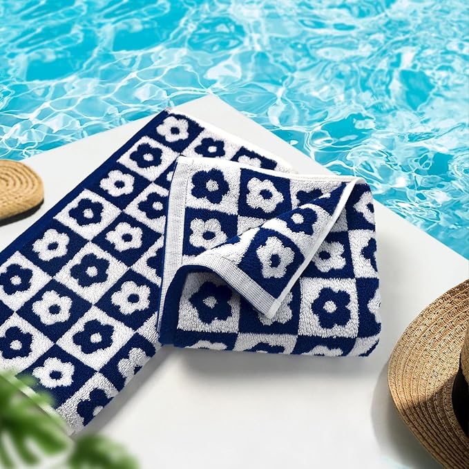 Jacquotha Cotton Hand Towels Navy Checkered Floral - Image 8