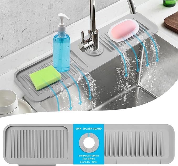 24"Longer Silicone Faucet Mat for Kitchen Sink, 5° Slope Faucets Draining Mat by TUYOART