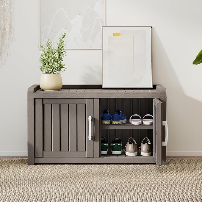 2-Tier Storage Bench, Waterproof UV-Resistant Outdoor Shoe Storage Cabinet with 2 Doors & Adjustable Shelves for Indoor Outdoor Entryway, Hallway, Living Room (Grey) - Image 6