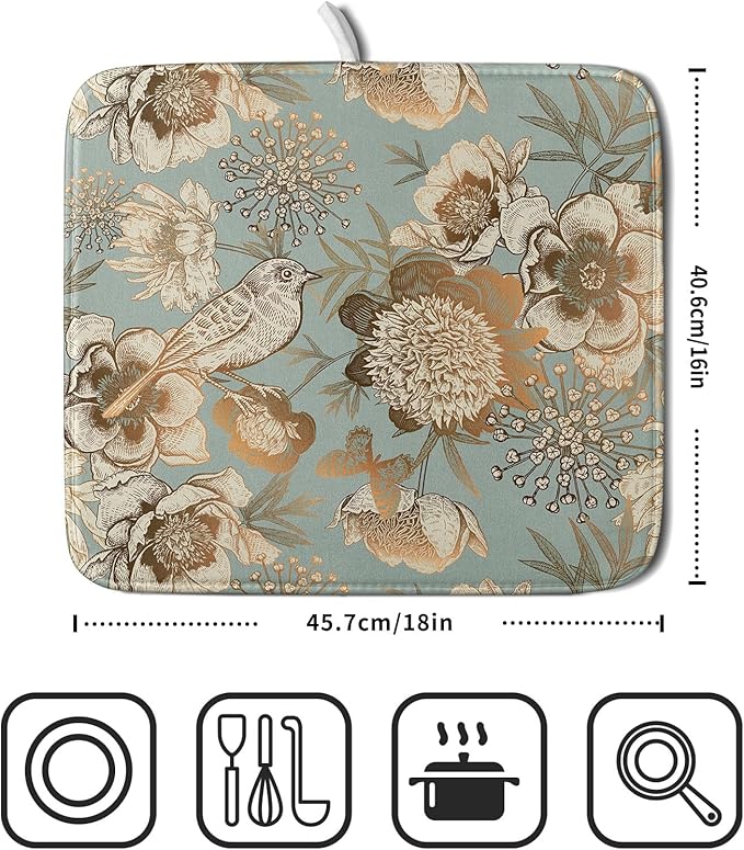 Retro Flower Bird Dish Drying Pad 16 x 18 Inch - Image 2