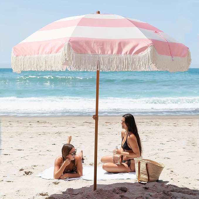 AMMSUN 7ft Patio Umbrella with Fringe Outdoor Tassel Umbrella UPF50+ Premium Steel Pole and Ribs Push Button Tilt, Riviera Pink Stripe - Image 4