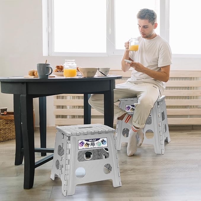 Delxo Folding Step Stool, 13 inch Non-Slip Foldable Stools for Kids & Adults Up to 300 LBS, Step Stool with Handle, Lightweight for Kitchen, Bathroom, Bedroom, Garden, Grey, 1PC - Image 3