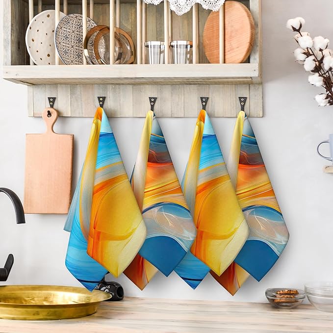 Orange Blue Kitchen Dish Towels Set of 4, Soft Absorbent Marble Decorative Tea - Image 6