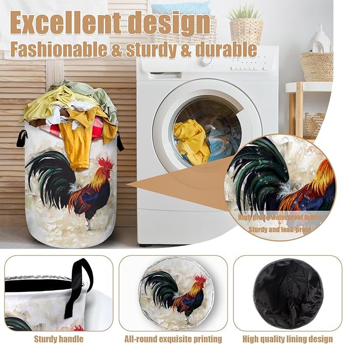 Vintage Rooster Laundry Basket, Farm Chicken Laundry Hamper Tote Bag Dirty - Image 4