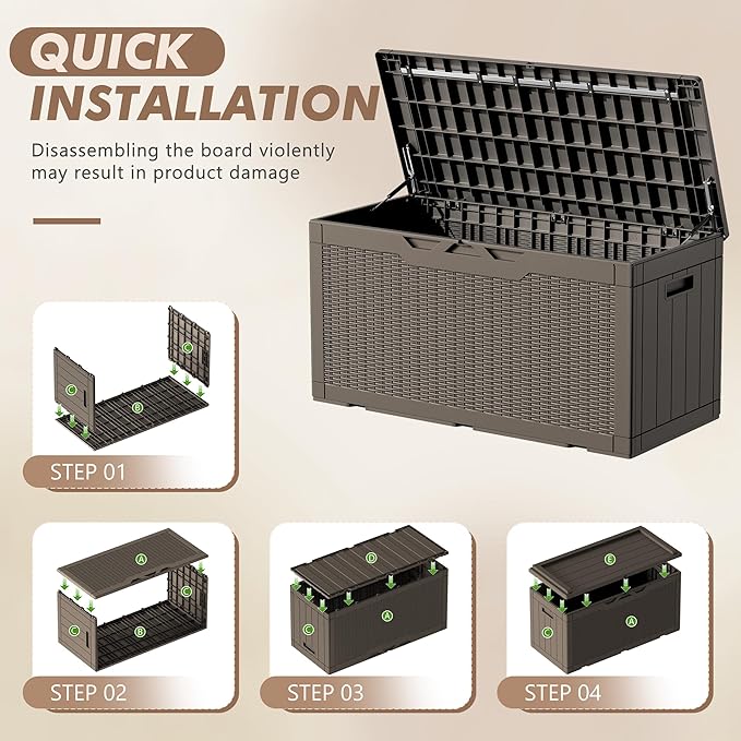 Devoko 100 Gallon Deck Box, Waterproof Resin Outdoor Storage Box with Cushion for Outside, Large Outdoor Storage Bench Cabinet Lockable for Patio Furniture and Garden Tools (Brown) - Image 4