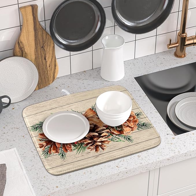 Winter Pine Cone Dish Drying Mat Holly Berries Dish Draining Mat Microfiber - Image 6