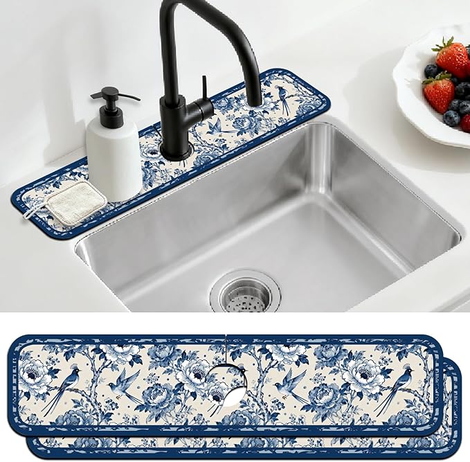 2 Pcs Kitchen Sink Splash Guard Faucet Mats Vintage Porcelain Flowers and Birds by CONCHLERY%E6%97%97%E8%88%B0%E5%BA%97