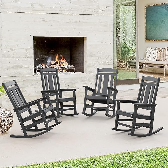 LUE BONA Outdoor Rocking Chairs Set of 4, Weather Resistant HDPS Poly Rocker Chairs, 350lb Heavy Duty, Oversized Porch Rocker for Adult, High Back Smooth Rocking Chairs for Outdoor & Indoor, Gray by LUEBONA