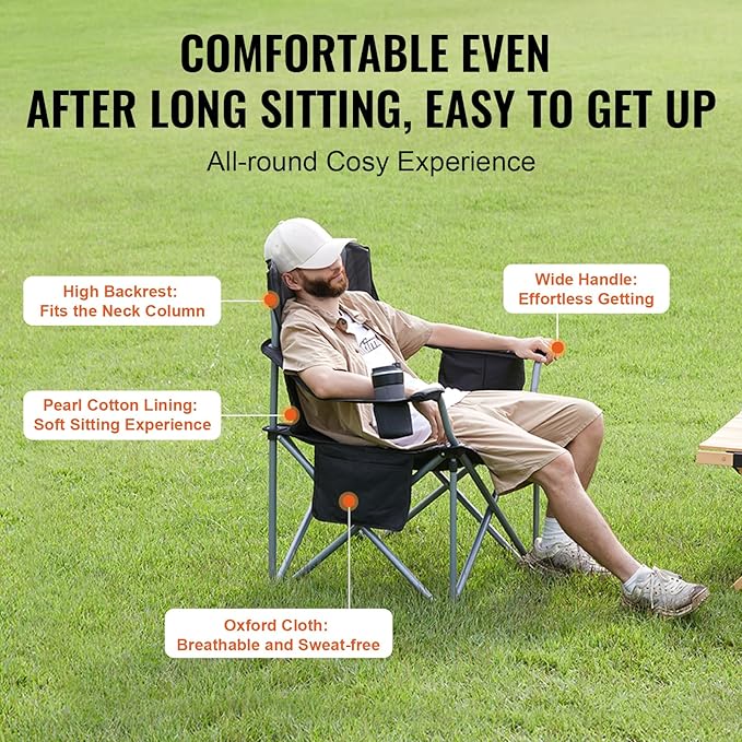 VEVOR Oversized Camping Folding Chair, Portable Heavy Duty Outdoor Quad Lumbar Back Padded with Side Pockets, Cup Holder and Cooler Bag for Beach, Lawn, Picnic, Fishing, Backpacking, Black - Image 7