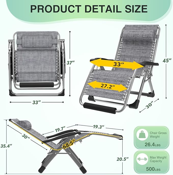 Suteck Oversized Zero Gravity Chair,33In XXL Lounge Chair w/Removable Cushion&Headrest, Reclining Camping Chair w/Upgraded Lock and Footrest, Reclining Patio Chairs Recliner for Indoor Outdoor,500LBS - Image 2