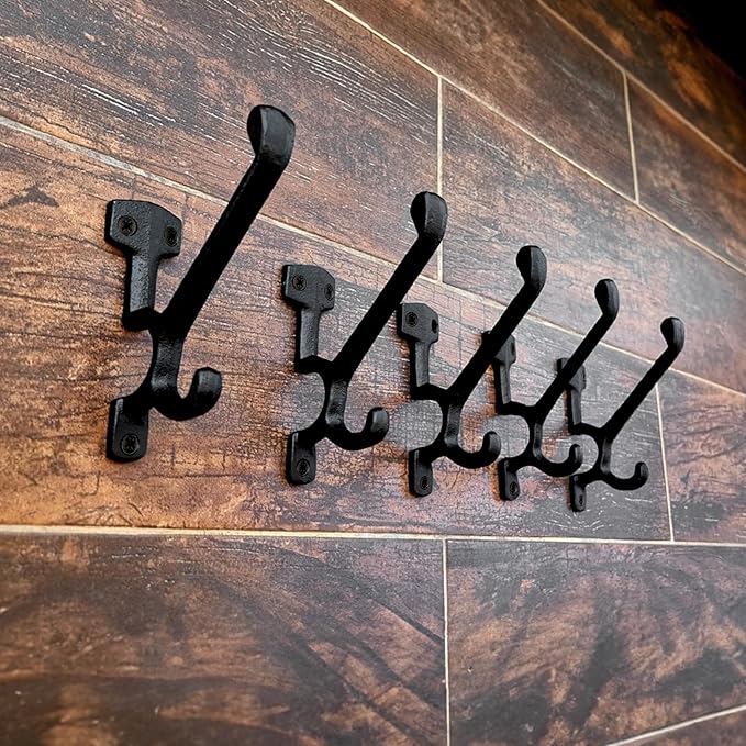 Ambipolar 5 Pack Decorative Cast Iron Heavy Duty Double Hooks, Wall Mounted - Image 3