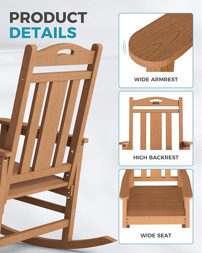 Ciokea Oversized Outdoor Rocking Chairs Set of 4, 380lbs Heavy-Duty Large Patio Rocker, High Back Cozy Porch Chairs, Weather Resistant Patio Rocking Chairs for Outside, Fire Pit, Deck, Teak - Image 6