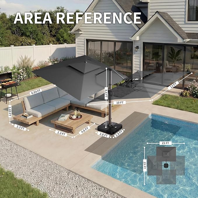 10 X 13 FT Cantilever Patio Umbrella with Led Lights and Base Included Outdoor Heavy Duty Double Top Rectangle Offset Umbrellas with 360-degree Rotation for Pool Deck Backyard, Grey - Image 4