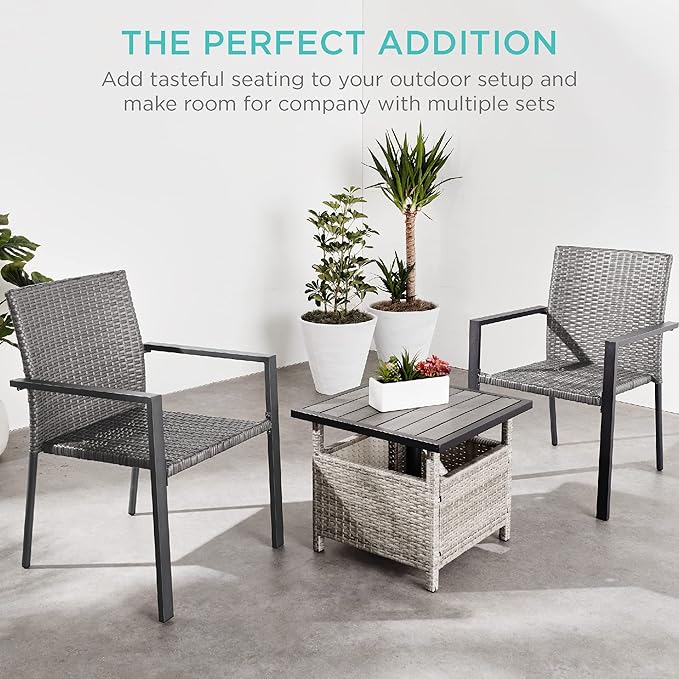 Best Choice Products Set of 2 Stackable Outdoor Wicker Dining Chairs All-Weather Firepit Armchair w/Armrests, Steel Frame for Patio, Deck, Garden, Yard - Gray - Image 7